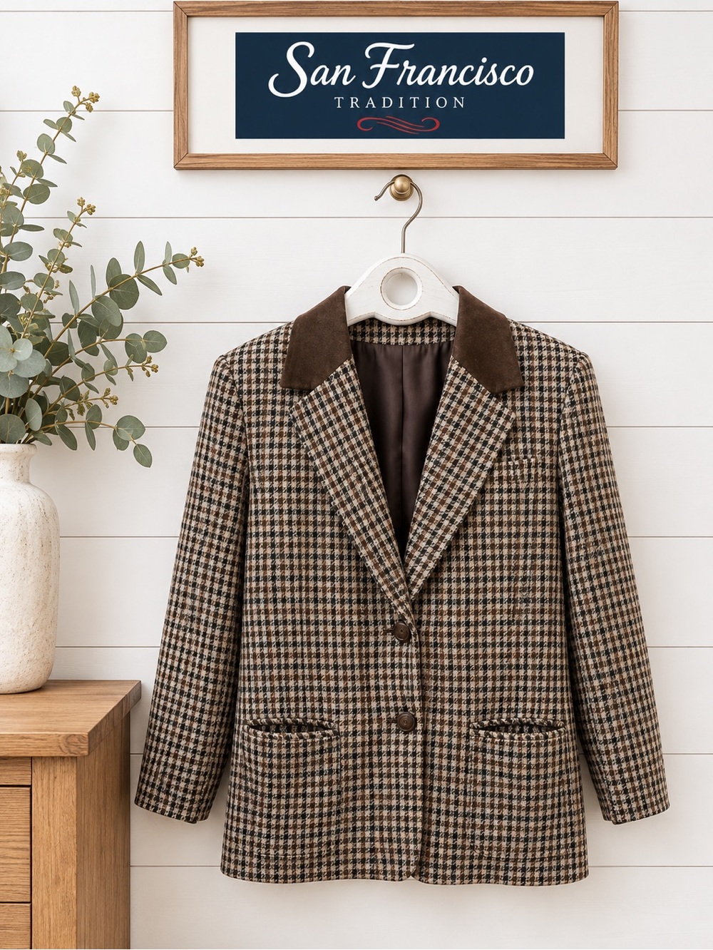 SAN FRANCISCO Tradition Brown Plaid Blazer Suede Collar Size 13 Vintage 90s